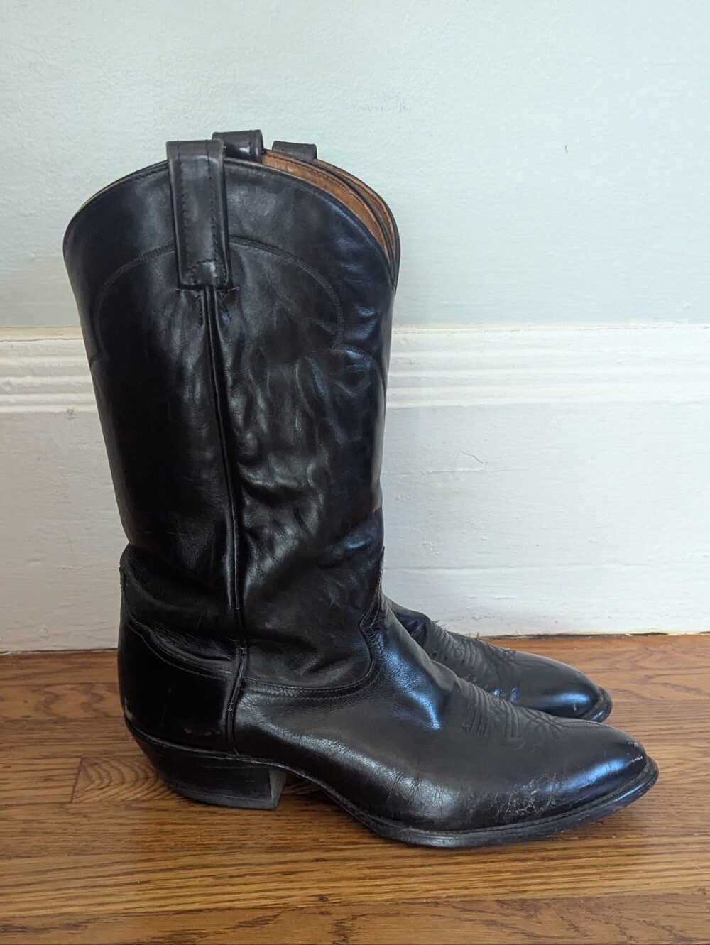 Vintage Tony Lama Thieves Market Black Leather Cowboy Boots 10.5 EE Extra Wide